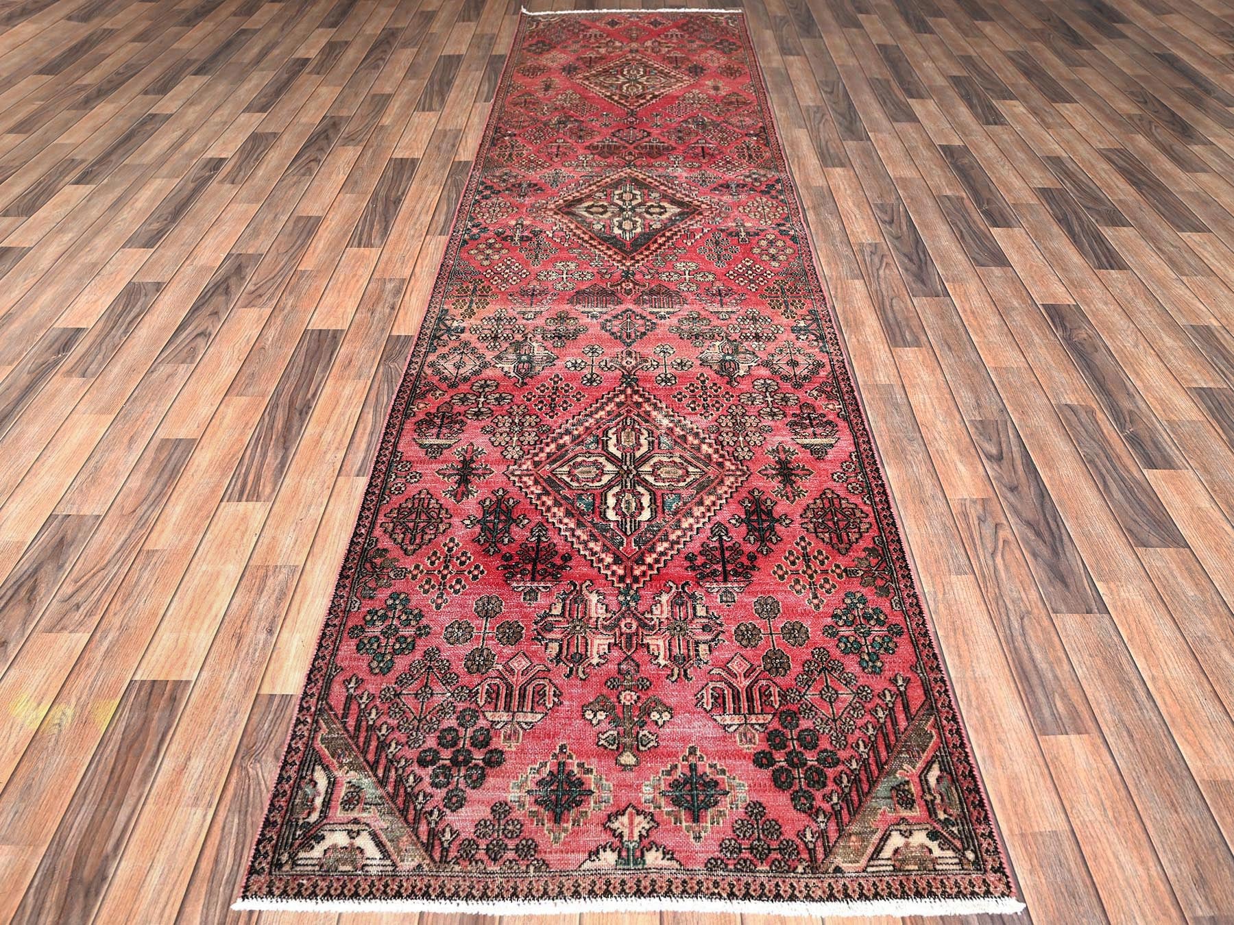Vintage hand-knotted wool runner in Red, 3'1" x 12'2" — SKU O01849 (view 2)