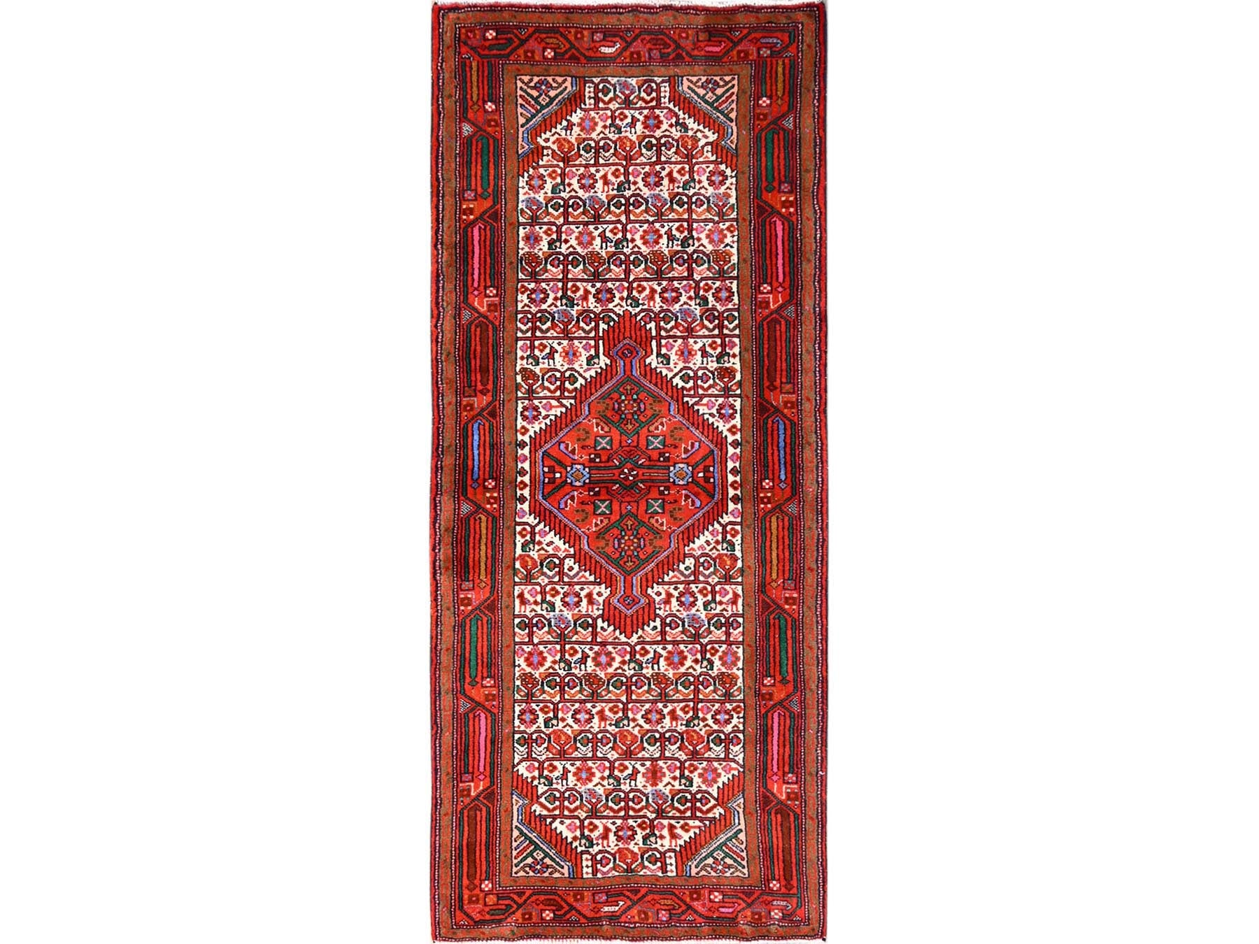 Hamadan Persian hand-knotted wool runner in Ivory & Red, 2'8" x 6'6" — SKU O01875