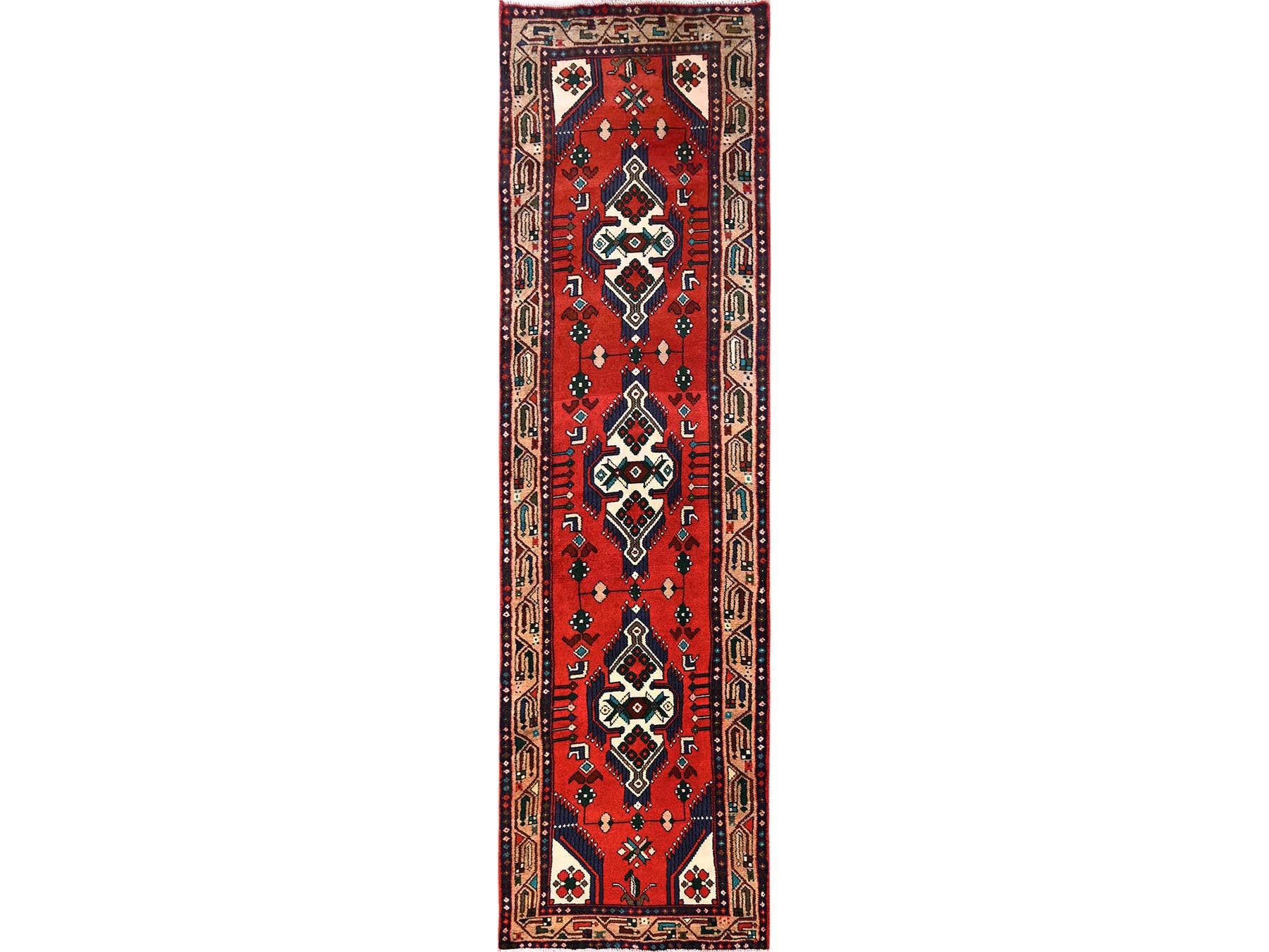Hamadan Persian hand-knotted wool runner in Red & Brown, 2'6" x 9'6" — SKU O01893