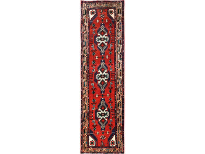 Hamadan Persian hand-knotted wool runner in Red & Brown, 2'6" x 9'6" — SKU O01893