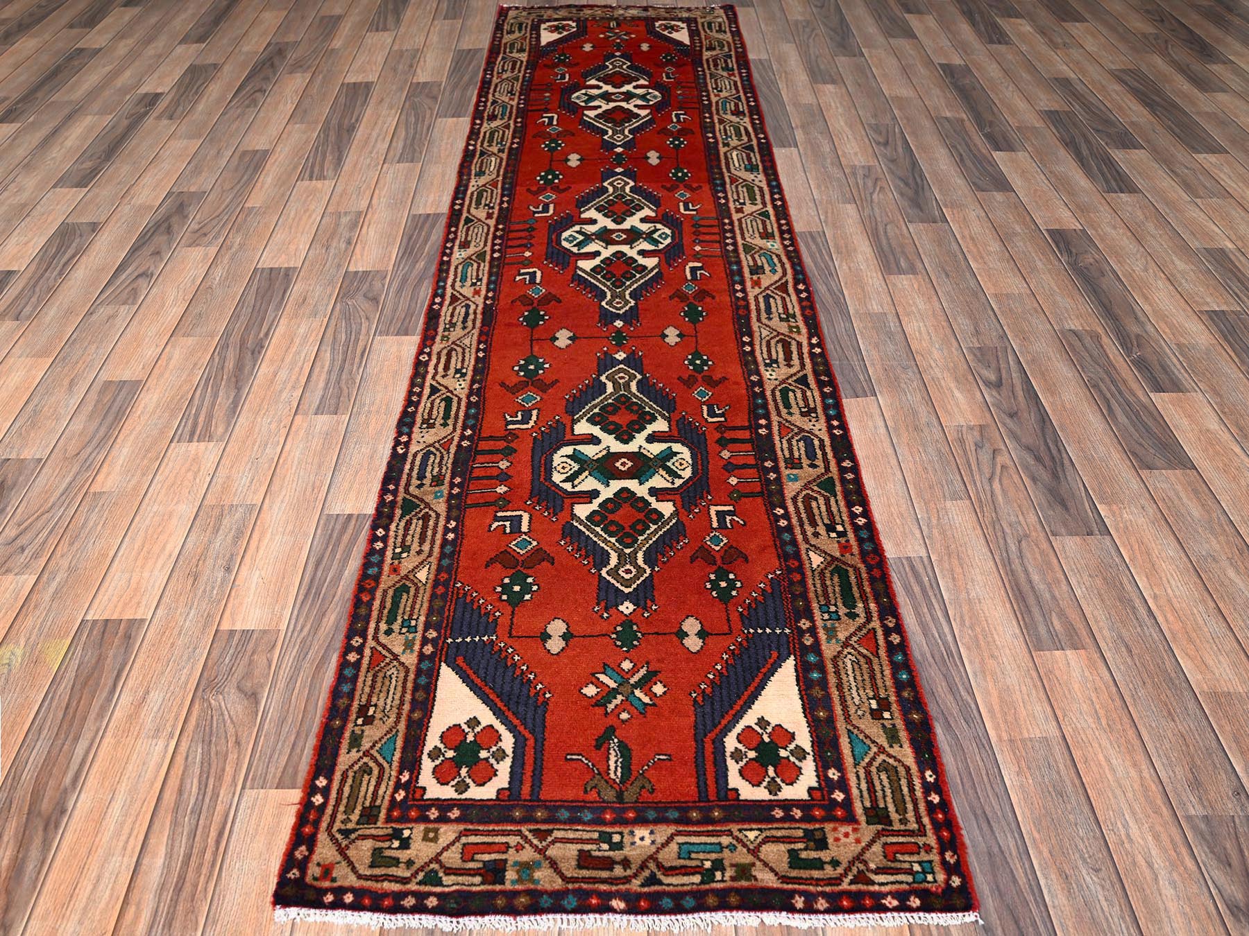 Hamadan Persian hand-knotted wool runner in Red & Brown, 2'6" x 9'6" — SKU O01893 (view 2)