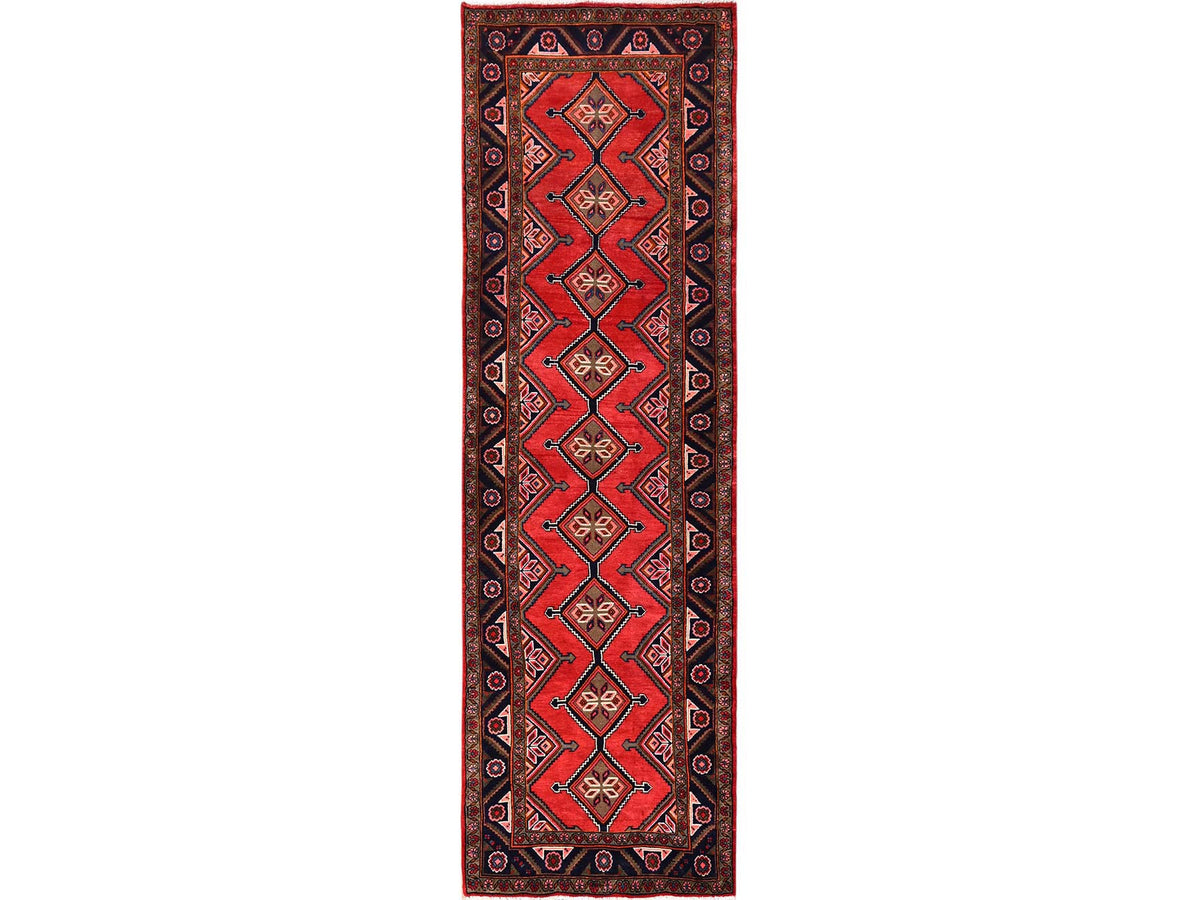 Hamadan Persian hand-knotted wool runner in Red & Midnight Blue, 2'11" x 9'9" — SKU O01897