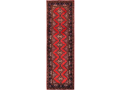 Hamadan Persian hand-knotted wool runner in Red & Midnight Blue, 2'11" x 9'9" — SKU O01897