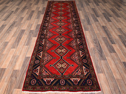 Hamadan Persian hand-knotted wool runner in Red & Midnight Blue, 2'11" x 9'9" — SKU O01897 (view 2)