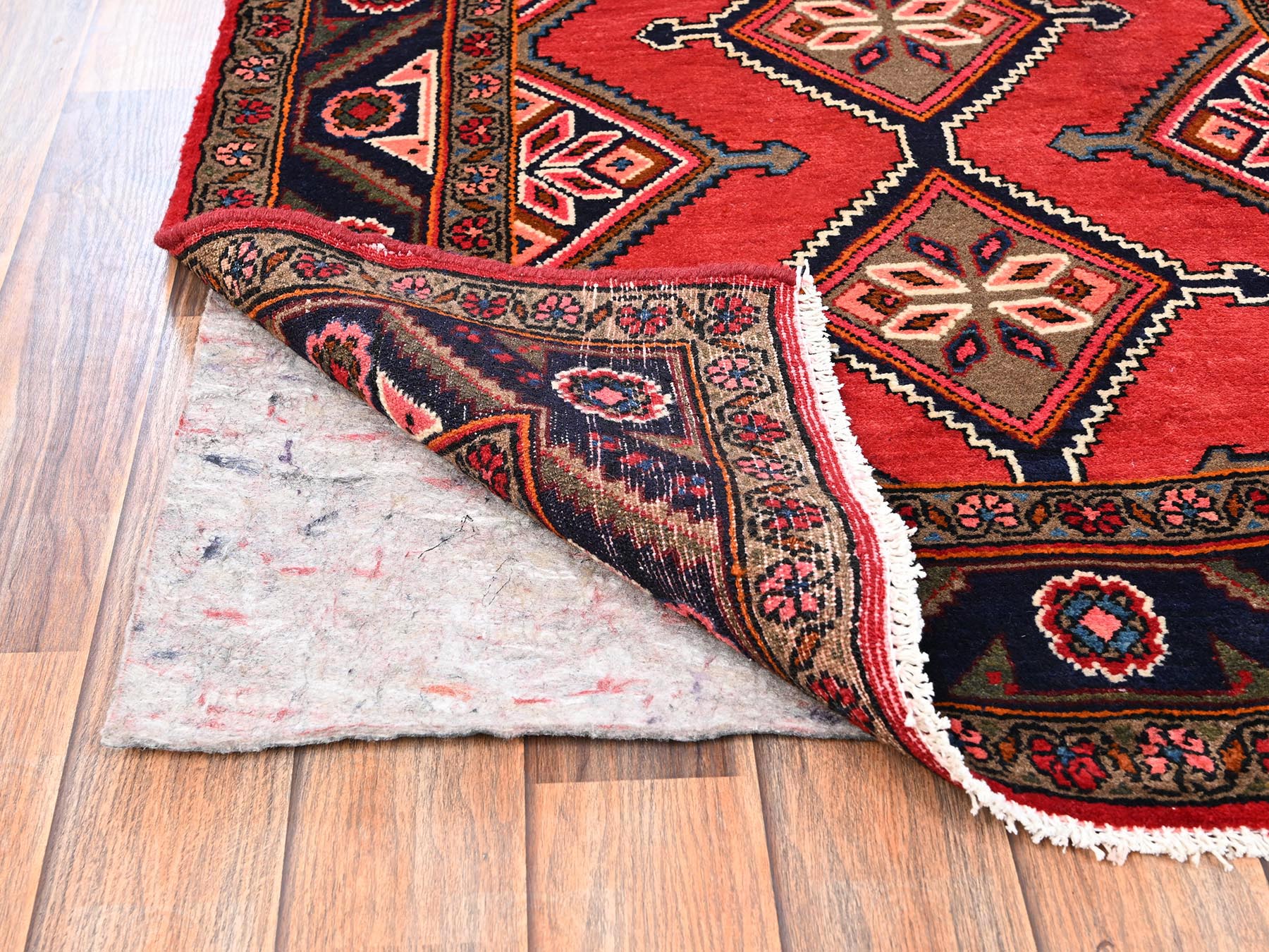 Hamadan Persian hand-knotted wool runner in Red & Midnight Blue, 2'11" x 9'9" — SKU O01897 (view 3)