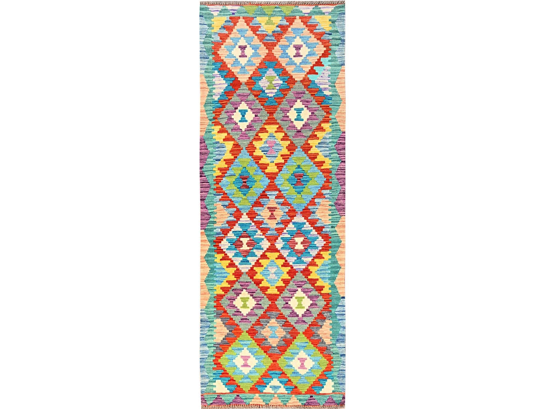 Multicolored 2'9" x 8'2" Flat Weave Hand woven Wool Rug - Sku: O01908