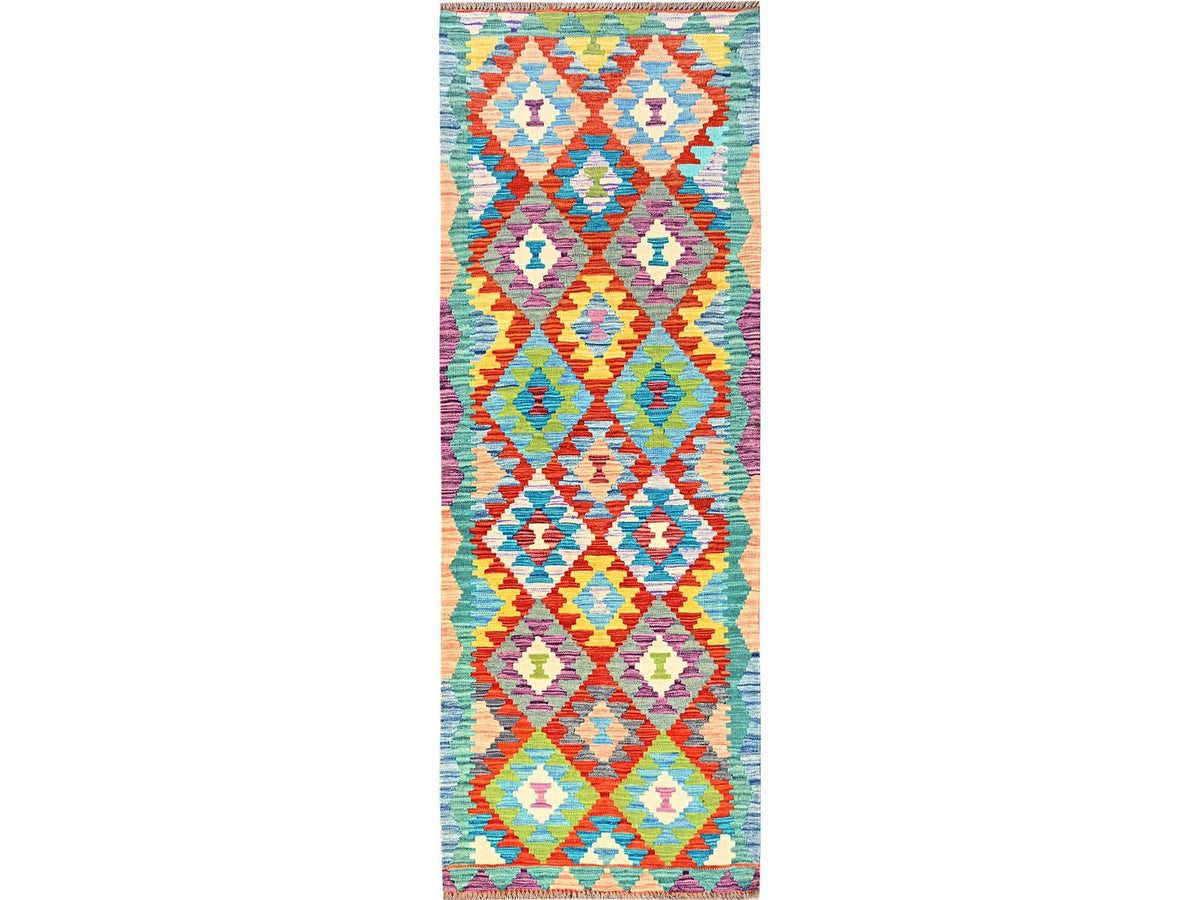 Kilim Flat-Weave hand-knotted wool runner in Multicolored, 2'9" x 8'2" — SKU O01908