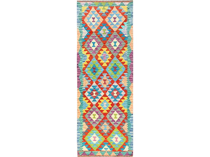 Kilim Flat-Weave hand-knotted wool runner in Multicolored, 2'9" x 8'2" — SKU O01908
