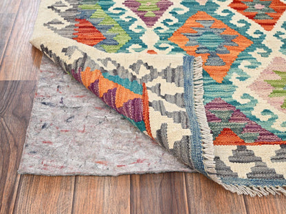 Multicolored 2'11" x 8'1" Flat Weave Hand woven Wool Rug - Sku: O01912