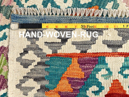 Multicolored 2'11" x 8'1" Flat Weave Hand woven Wool Rug - Sku: O01912