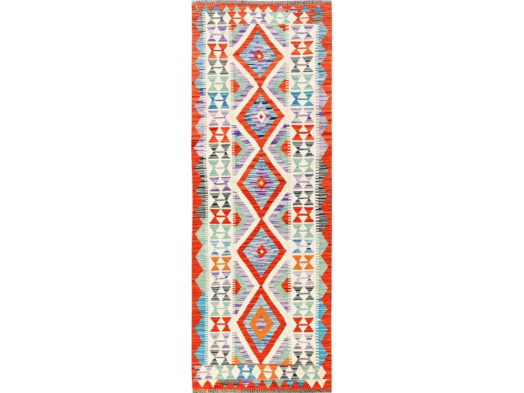 Kilim Flat-Weave hand-knotted wool runner in Multicolored & Orange, 2'10" x 8'4" — SKU O01916