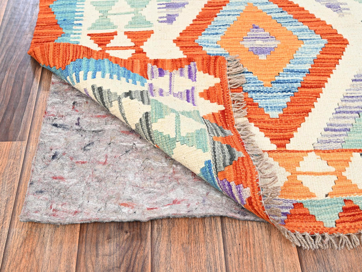 Kilim Flat-Weave hand-knotted wool runner in Multicolored & Orange, 2'10" x 8'4" — SKU O01916 (view 3)