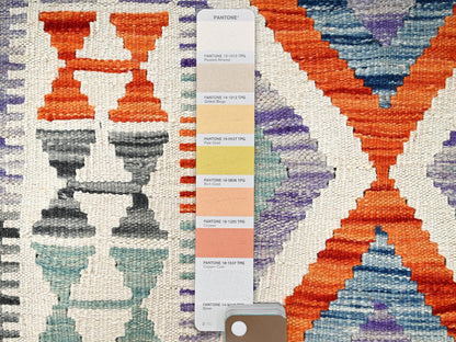 Kilim Flat-Weave hand-knotted wool runner in Multicolored & Orange, 2'10" x 8'4" — SKU O01916 (view 4)