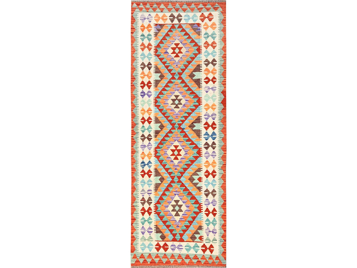 Kilim Flat-Weave hand-knotted wool runner in Multicolored & Orange, 2'9" x 8'1" — SKU O01920