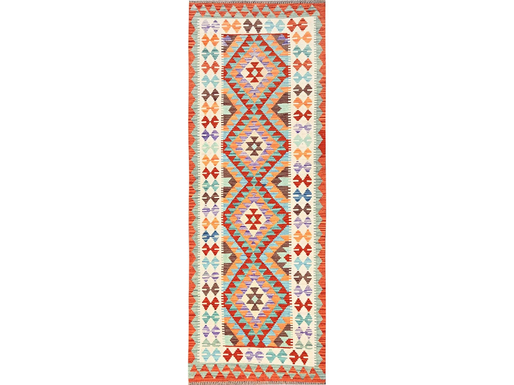 Kilim Flat-Weave hand-knotted wool runner in Multicolored & Orange, 2'9" x 8'1" — SKU O01920
