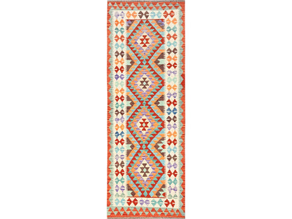 Kilim Flat-Weave hand-knotted wool runner in Multicolored & Orange, 2'9" x 8'1" — SKU O01920
