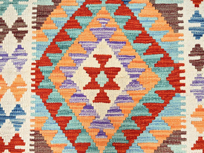 Kilim Flat-Weave hand-knotted wool runner in Multicolored & Orange, 2'9" x 8'1" — SKU O01920 (view 2)