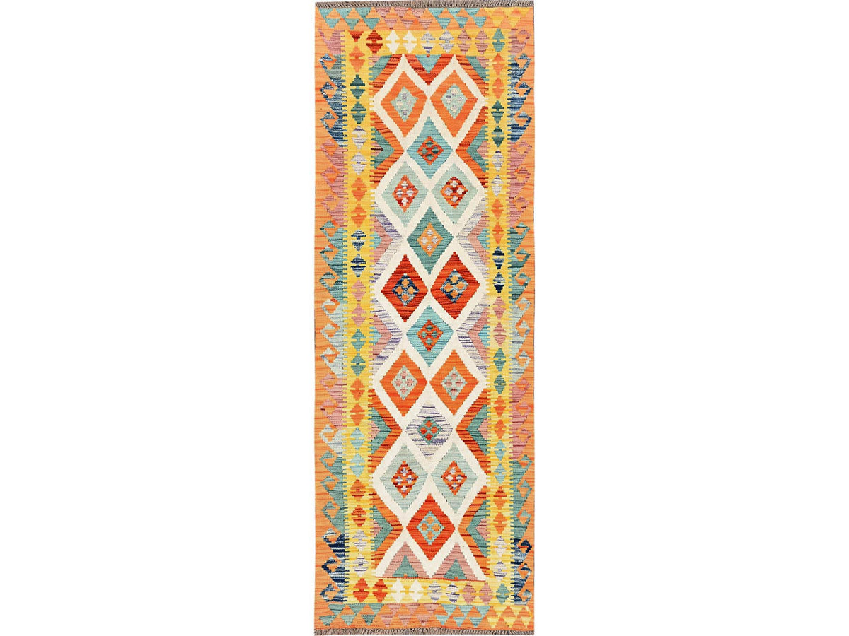 Kilim Flat-Weave hand-knotted wool runner in Multicolored & Orange, 2'8" x 8' — SKU O01923