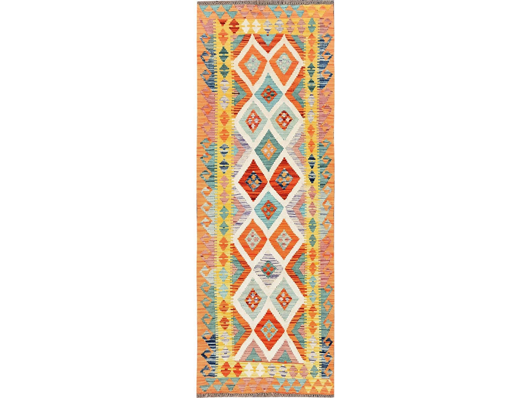 Kilim Flat-Weave hand-knotted wool runner in Multicolored & Orange, 2'8" x 8' — SKU O01923