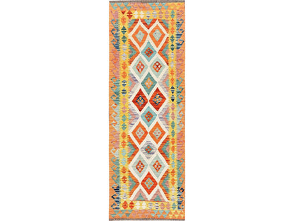 Kilim Flat-Weave hand-knotted wool runner in Multicolored & Orange, 2'8" x 8' — SKU O01923