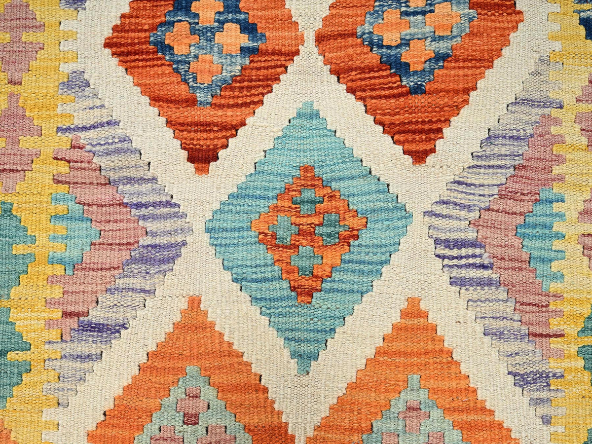 Kilim Flat-Weave hand-knotted wool runner in Multicolored & Orange, 2'8" x 8' — SKU O01923 (view 2)