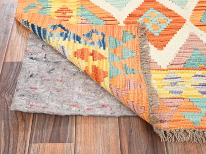 Kilim Flat-Weave hand-knotted wool runner in Multicolored & Orange, 2'8" x 8' — SKU O01923 (view 3)