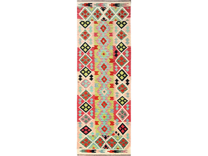 Multicolored 2'11" x 8'6" Flat Weave Hand woven Wool Rug - Sku: O01924