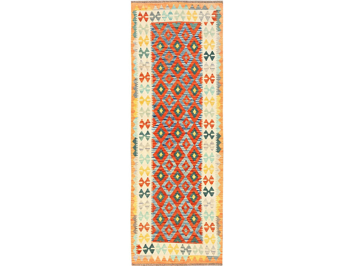 Kilim Flat-Weave hand-knotted wool runner in Multicolored & Ivory, 2'8" x 8'1" — SKU O01927