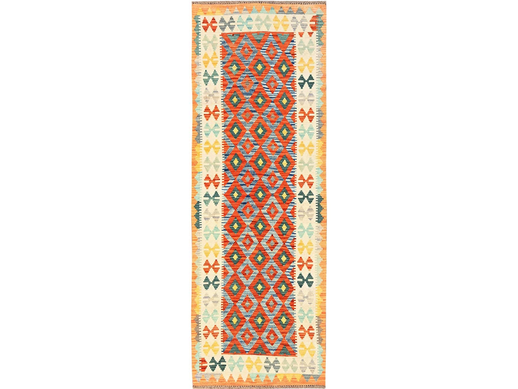 Kilim Flat-Weave hand-knotted wool runner in Multicolored & Ivory, 2'8" x 8'1" — SKU O01927