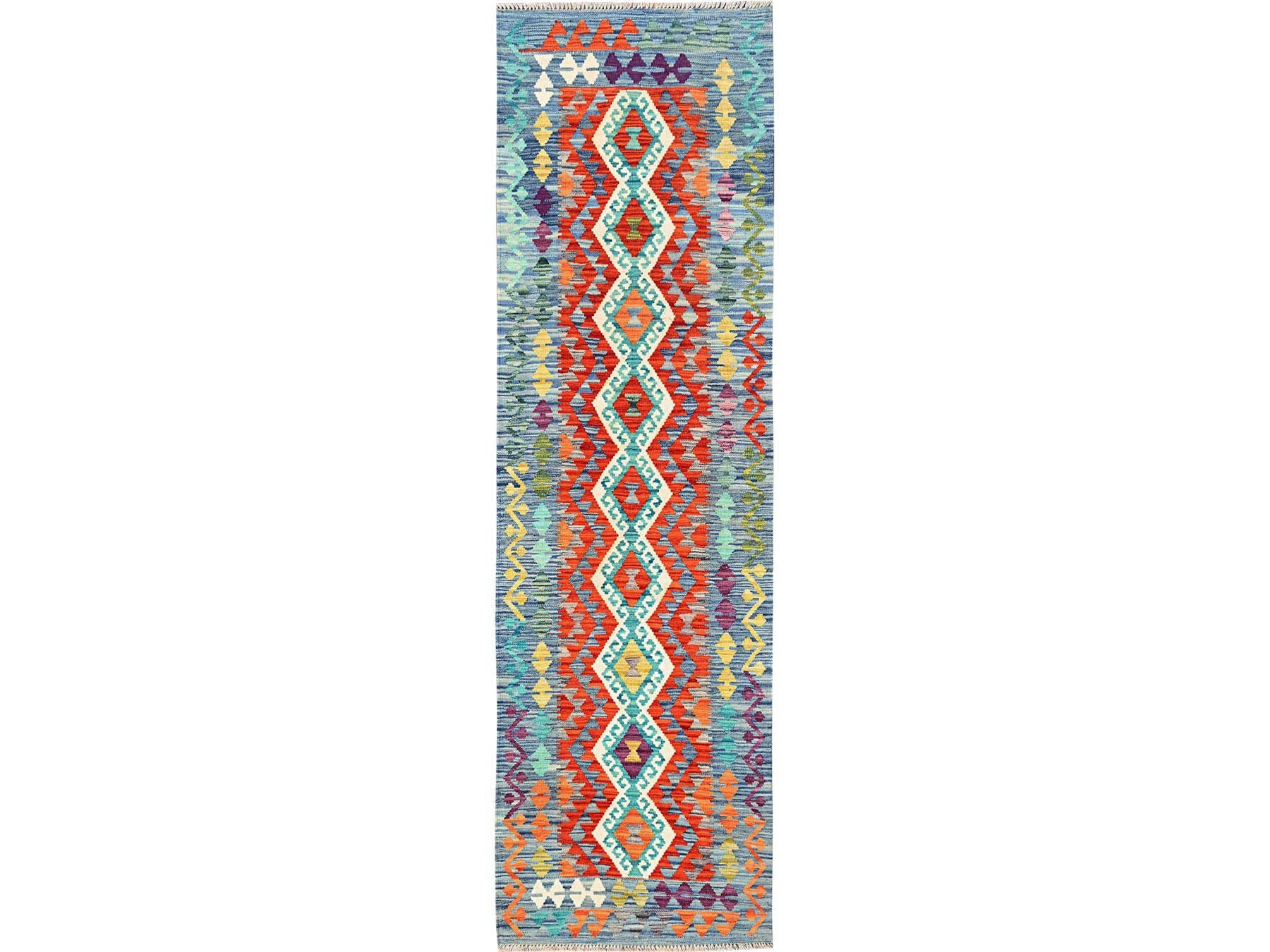 Multicolored 2'7" x 9'6" Flat Weave Hand woven Wool Rug - Sku: O01950