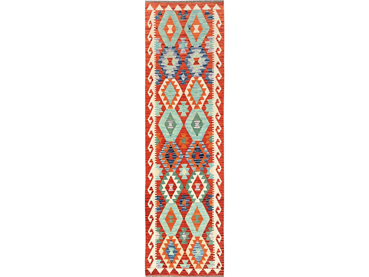 Kilim Flat-Weave hand-knotted wool runner in Multicolored & Orange, 2'7" x 9'8" — SKU O01953