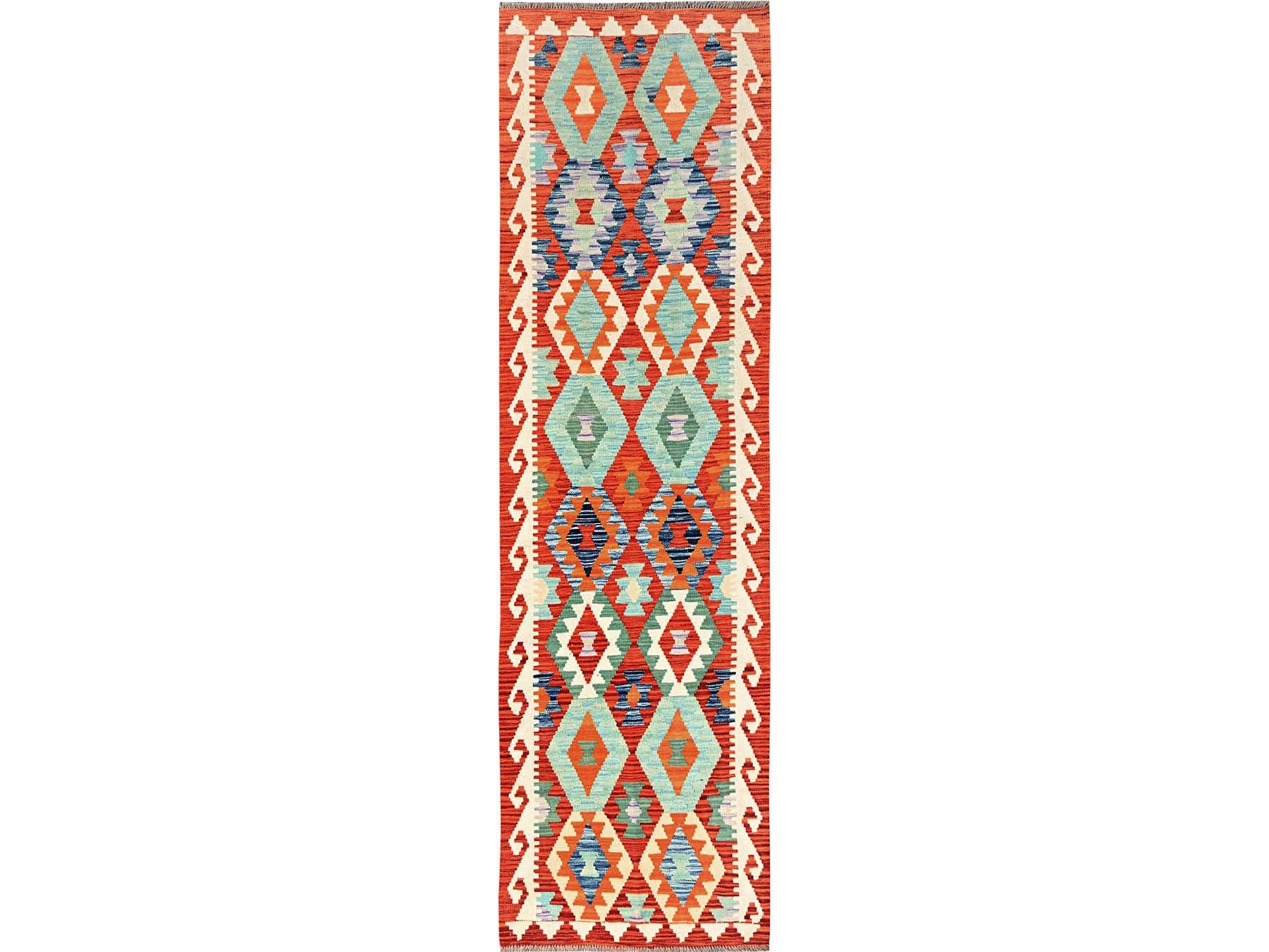 Kilim Flat-Weave hand-knotted wool runner in Multicolored & Orange, 2'7" x 9'8" — SKU O01953