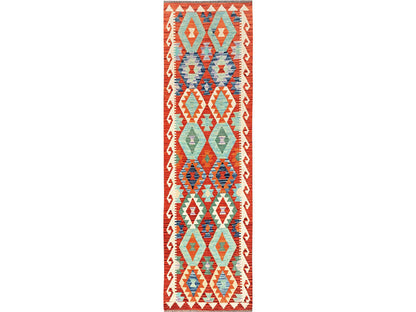 Kilim Flat-Weave hand-knotted wool runner in Multicolored & Orange, 2'7" x 9'8" — SKU O01953