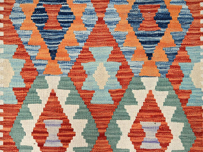 Kilim Flat-Weave hand-knotted wool runner in Multicolored & Orange, 2'7" x 9'8" — SKU O01953 (view 2)
