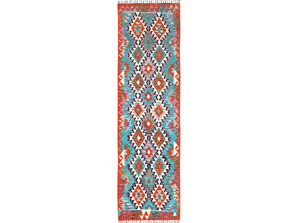 Kilim Flat-Weave hand-knotted wool runner in Multicolored & Orange, 2'9" x 10'1" — SKU O01954