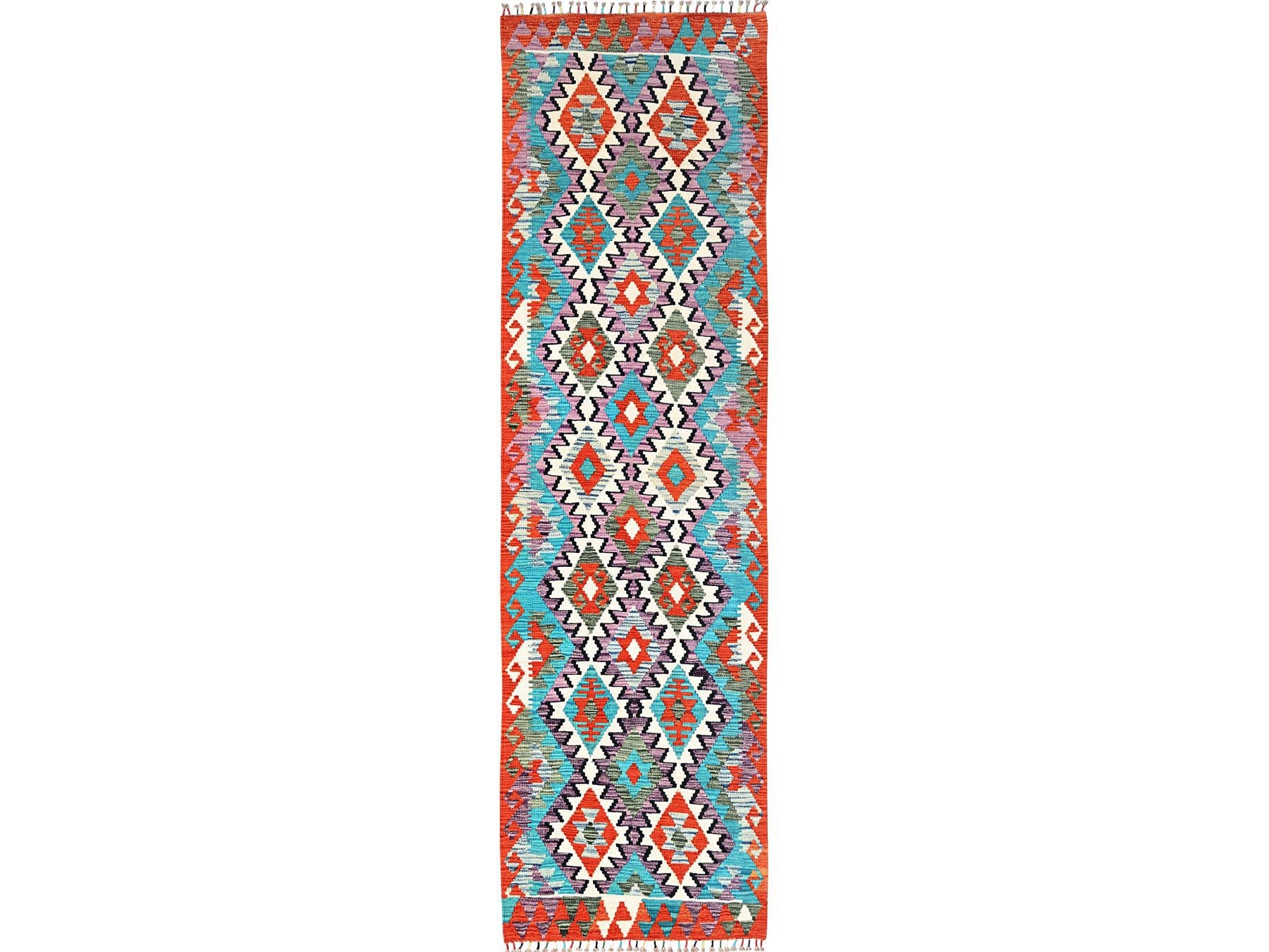 Kilim Flat-Weave hand-knotted wool runner in Multicolored & Orange, 2'9" x 10'1" — SKU O01954