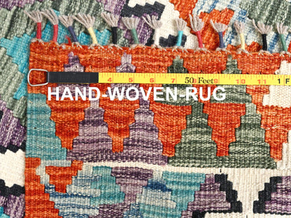 Kilim Flat-Weave hand-knotted wool runner in Multicolored & Orange, 2'9" x 10'1" — SKU O01954 (view 6)