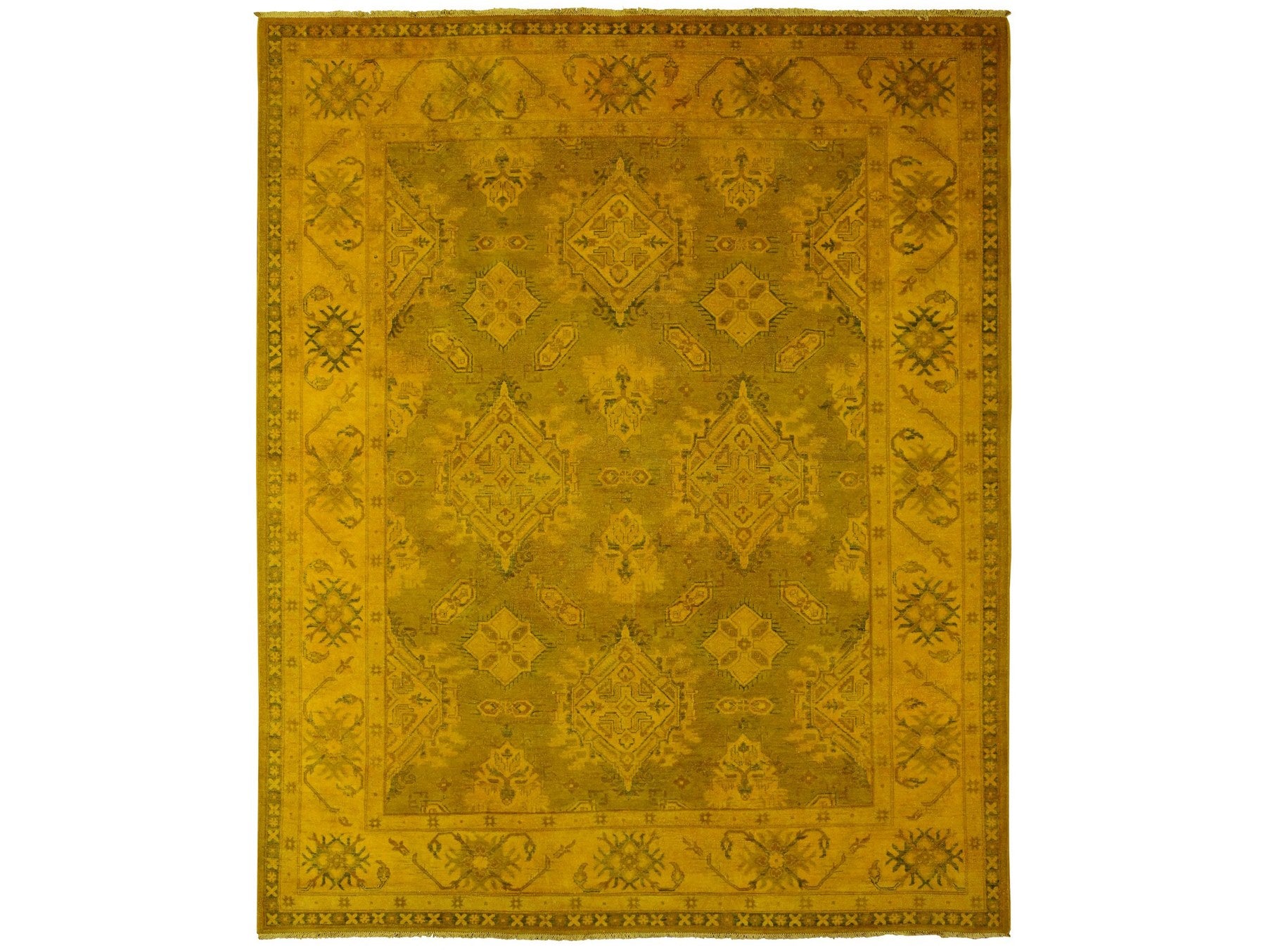 Kazak Kazak hand-knotted wool rug in Overdyed & Yellow, 7'6" x 9'5" — SKU O020009