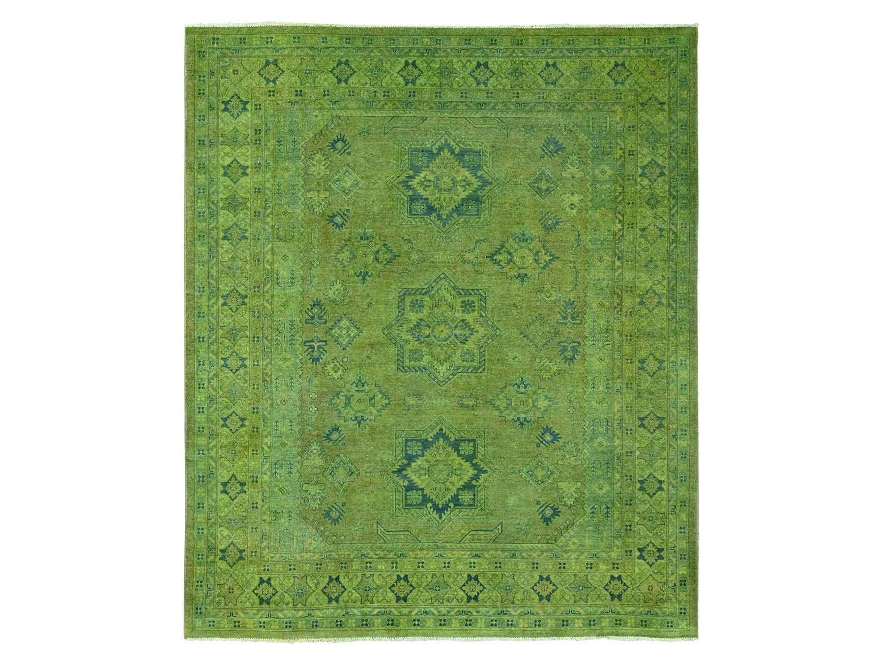 Kazak Kazak hand-knotted wool rug in Overdyed & Green, 8' x 9'6" — SKU O020012