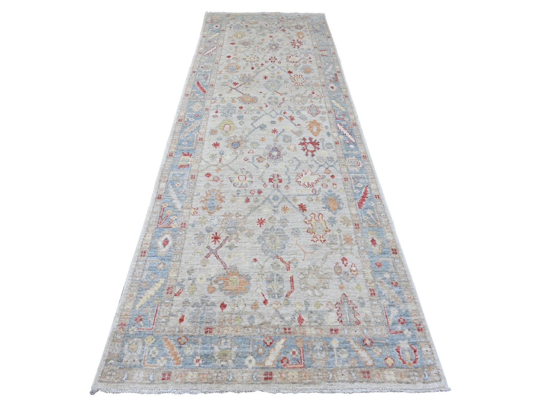 Oushak Oushak hand-knotted wool runner in Ivory & Light Blue, 3'11" x 12'3" — SKU O020077