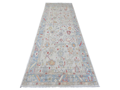 Oushak Oushak hand-knotted wool runner in Ivory & Light Blue, 3'11" x 12'3" — SKU O020077