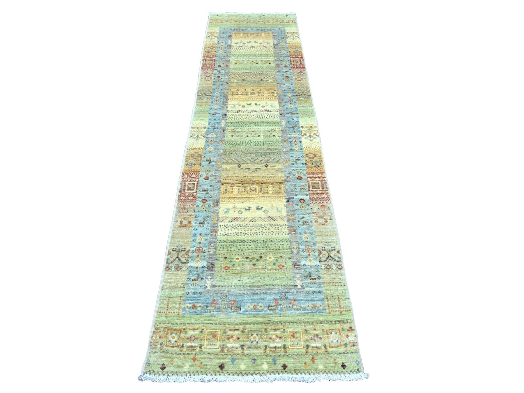 Green 2'5" x 9'9" Tribal Hand knotted Wool Rug - Sku: O020116