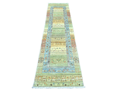 Green 2'5" x 9'9" Tribal Hand knotted Wool Rug - Sku: O020116