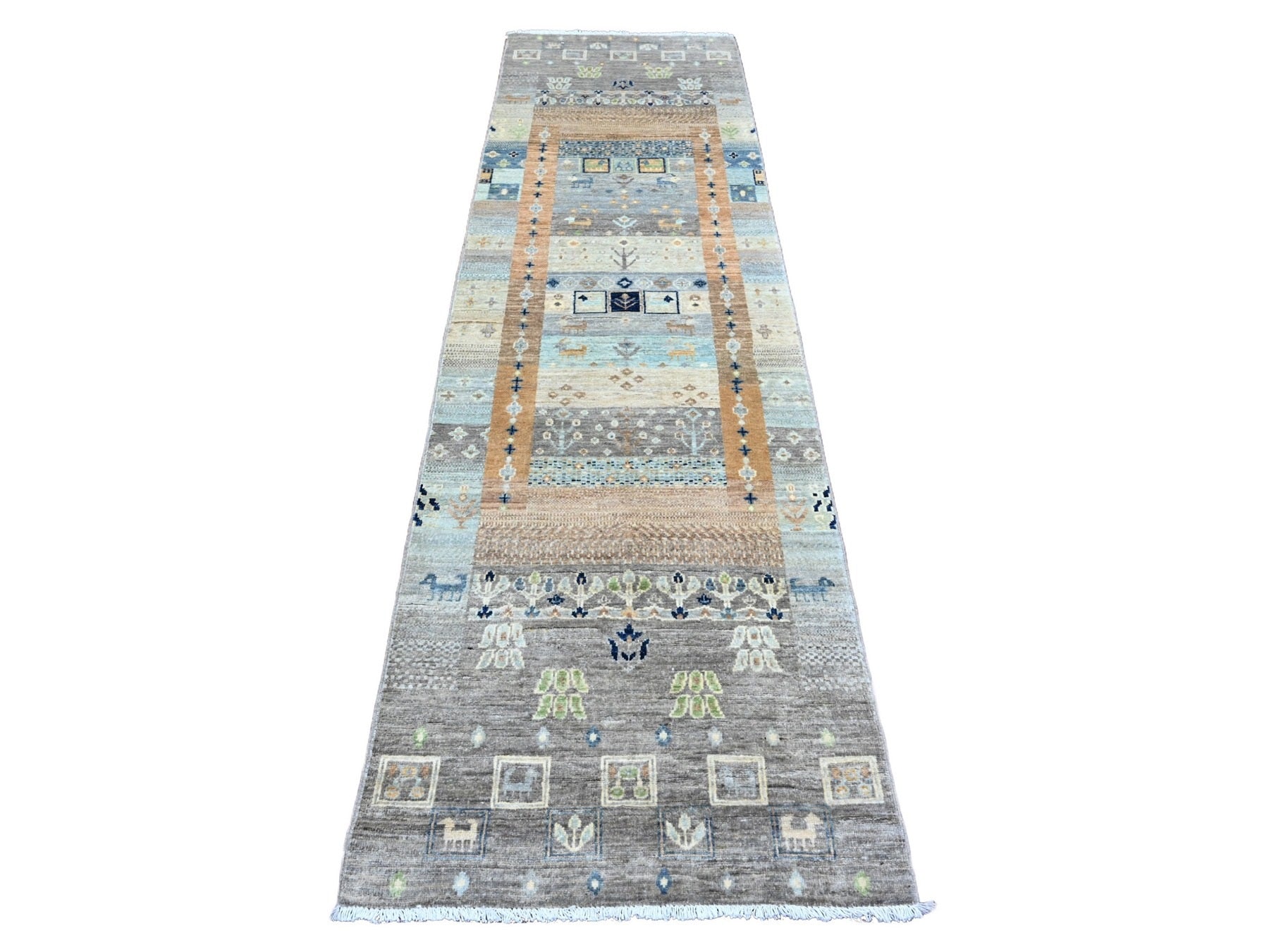 Gray 2'8" x 9'7" Tribal Hand knotted Wool Rug - Sku: O020117