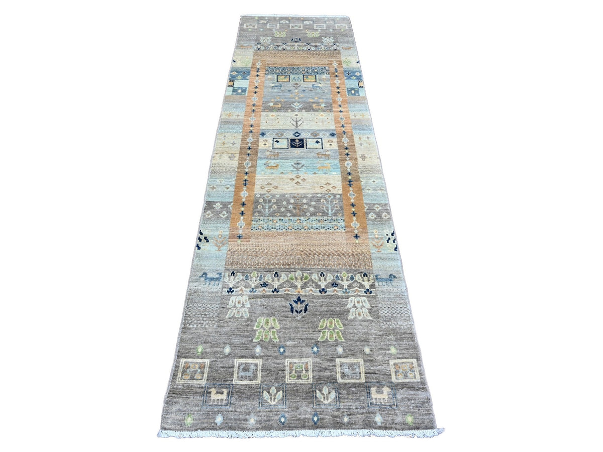 Gabbeh Tribal & Geometric hand-knotted wool runner in Gray, 2'8" x 9'7" — SKU O020117