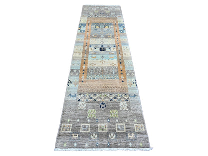 Gabbeh Tribal & Geometric hand-knotted wool runner in Gray, 2'8" x 9'7" — SKU O020117