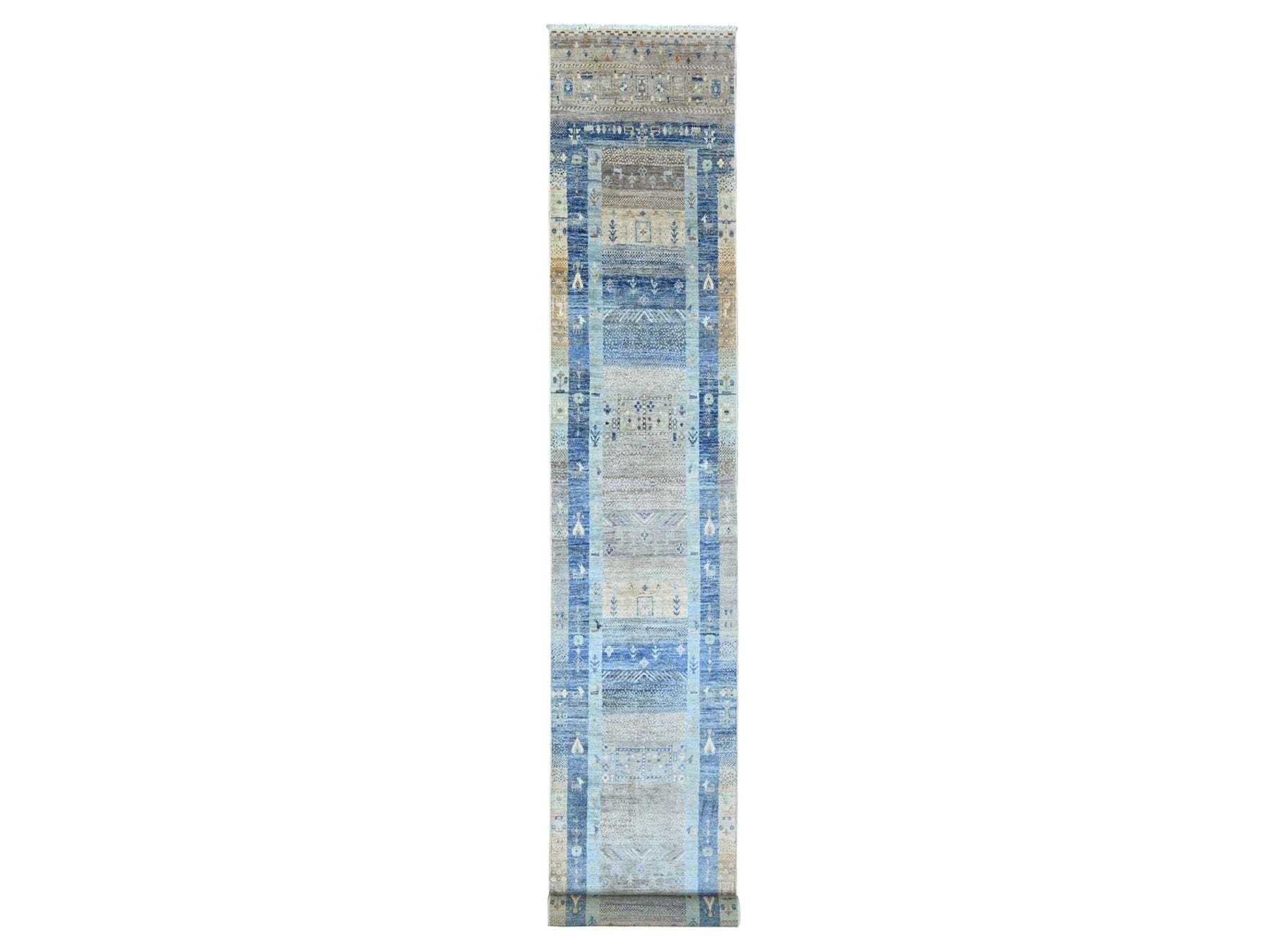 Gabbeh Tribal & Geometric hand-knotted wool runner in Blue, 2'8" x 19'1" — SKU O020118