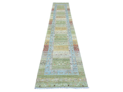 Green 2'8" x 14'8" Tribal Hand knotted Wool Rug - Sku: O020122