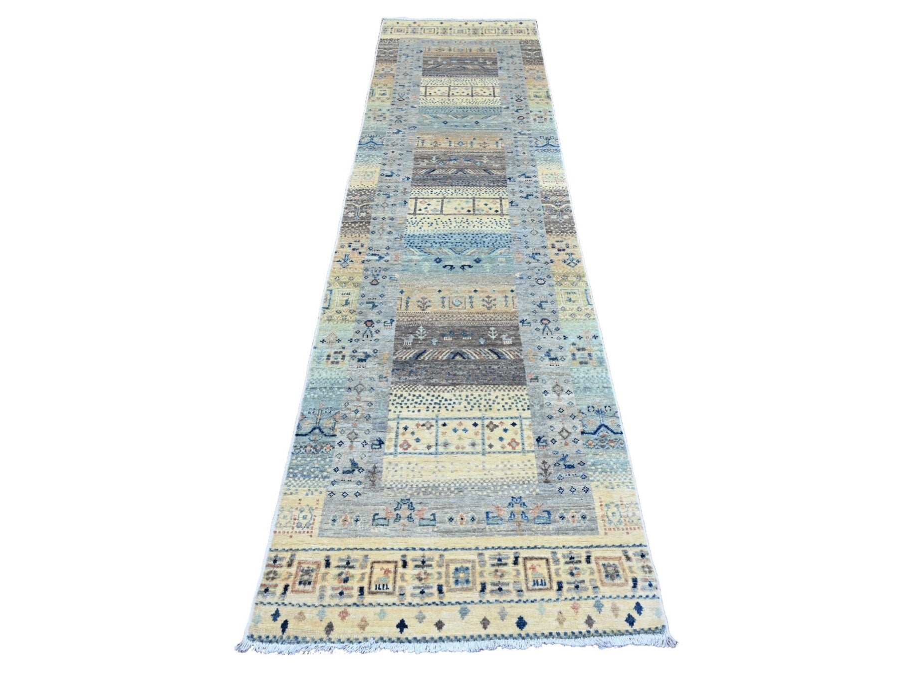 Gabbeh Tribal & Geometric hand-knotted wool runner in Ivory, 2'7" x 10'3" — SKU O020123