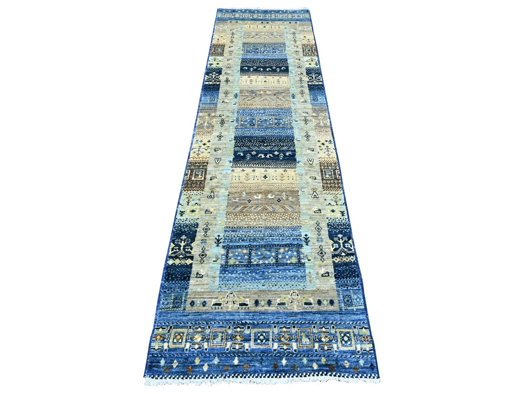 Blue 2'6" x 9'8" Tribal Hand knotted Wool Rug - Sku: O020125